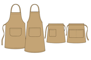 Collection of four simple brown aprons, showcasing various sizes and styles for cooking and crafting activities