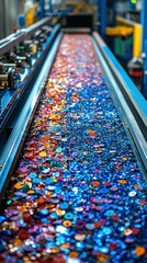 Colorful plastic caps on conveyor belt