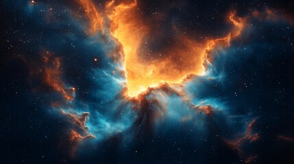 Fototapeta premium Vibrant Blue and Fiery Orange Nebula in Deep Space with Glowing Stars – Abstract Cosmic Sky Background