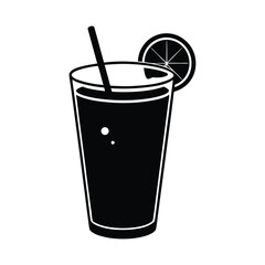 Black and white vector illustration of a tall glass with refreshing drink