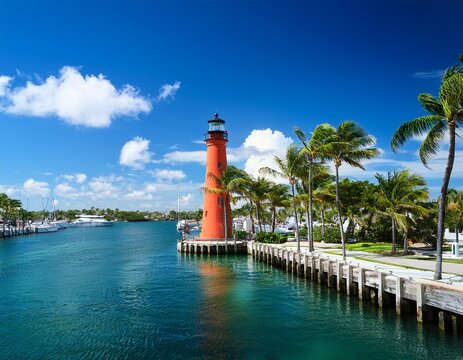 jupiter lighthouse and harbor at sunny summer day and palm trees west palm beach florida