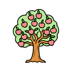 Illustration of an apple tree with red apples, tree drawing, apple orchard, fruit tree art