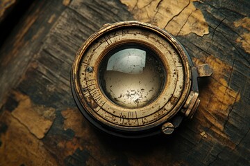 Close-up of an antique camera lens, showcasing its aged brass and worn details on a rustic wooden background.
