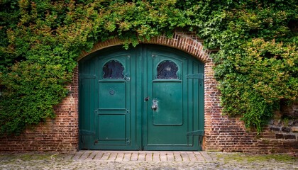 weathered green metal door in a rustic brick wall with lush green foliage