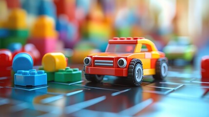 A kids toy background with colorful blocks, cars, and playful setup