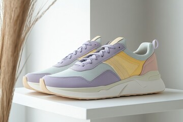 Pastel colored sneakers with lavender, yellow, pink and light green accents are displayed on a white shelf against a white wall.