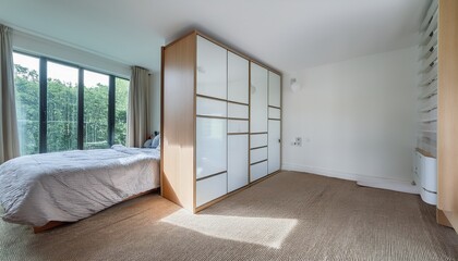 a bright unfurnished bedroom with a large built in wardrobe with glass doors