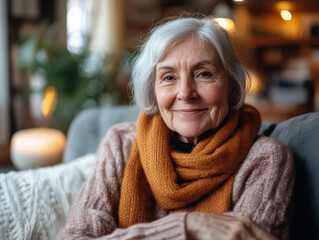 senior woman smiling warmly in cozy living room