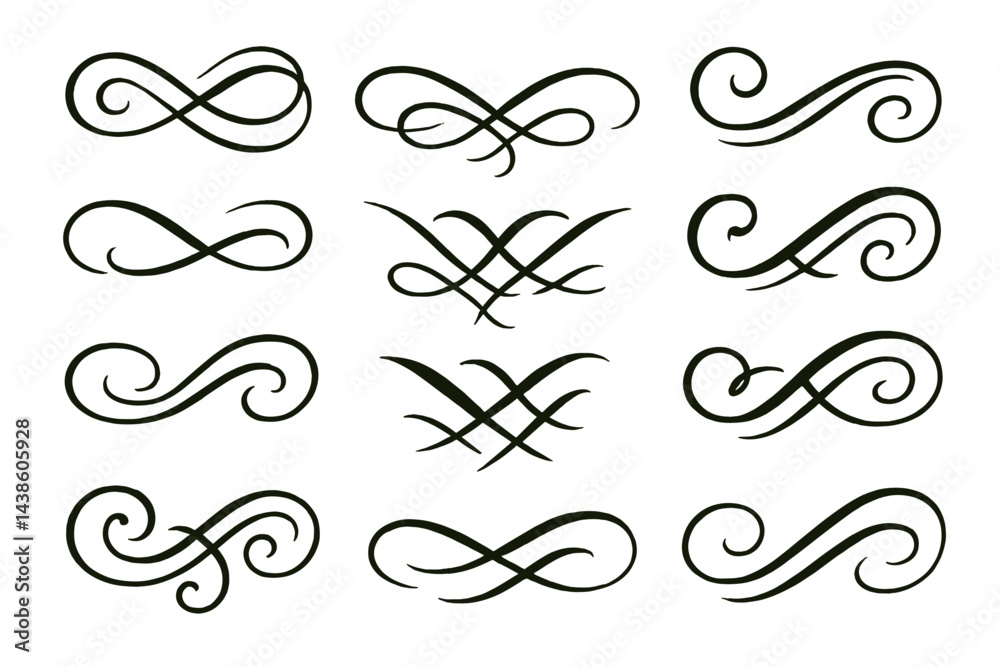 Poster Elegant decorative flourishes for graphic design projects showcased in a grid arrangement featuring various swirls and patterns