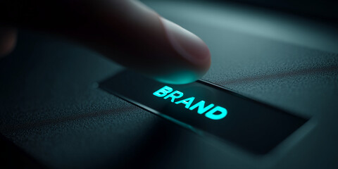 Finger presses illuminated "BRAND" button, dark textured surface, symbolizing brand activation, business, technology, and digital marketing