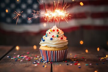 A festive Fourth of July cupcake adorned with sparklers stars and red white and blue sprinkles sits on a rustic wooden table against a blurred American flag
