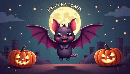 Cute bat celebrating Halloween against a full moon and pumpkins  
