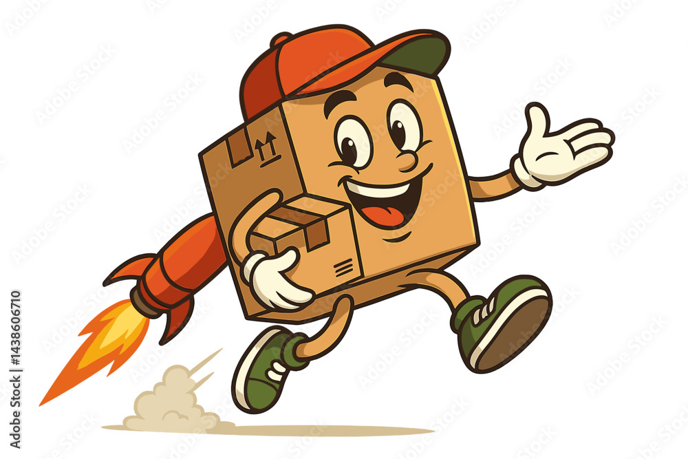 Poster cartoon character in a package costume joyfully running with a rocket on the back