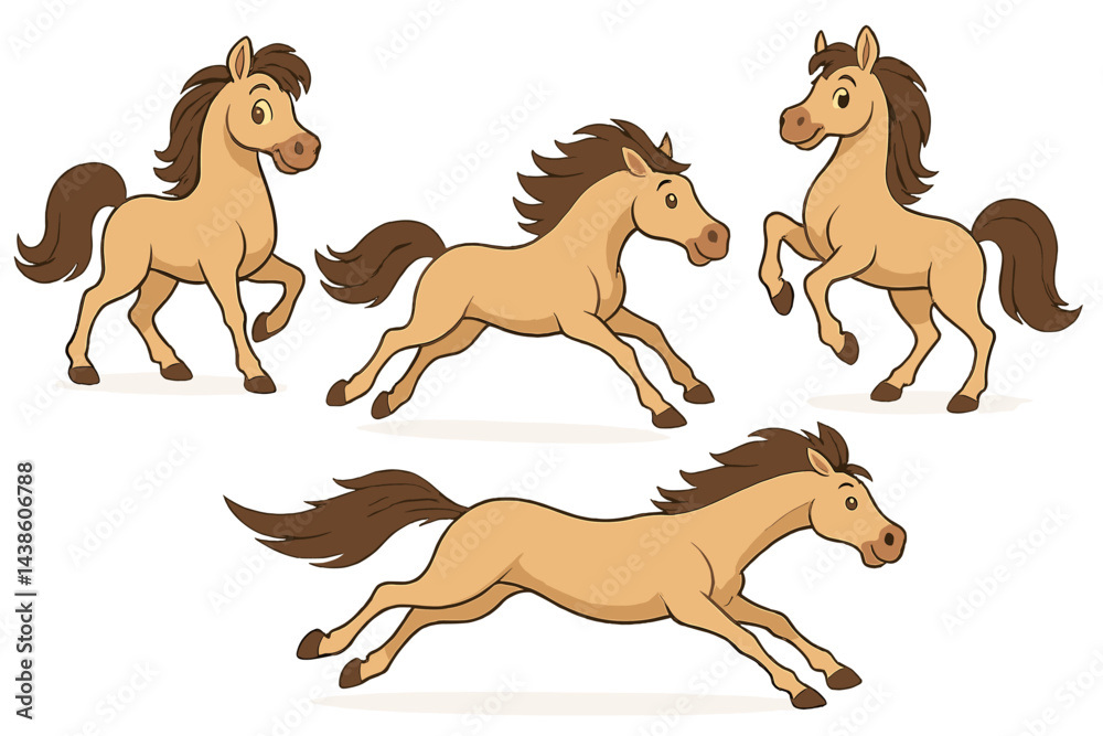 Poster cartoon horses in various dynamic poses showcasing joy and movement in a playful style