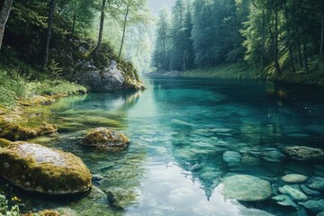 Obraz premium A serene river flows through a lush forest, its clear turquoise water revealing the rocky riverbed below, inviting peace and reflection.