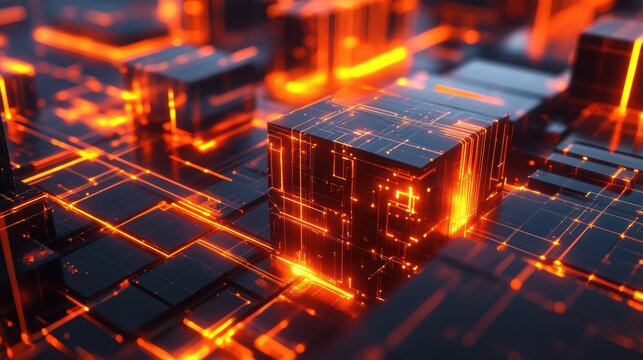 A futuristic digital cube background with glowing lines and tech shapes