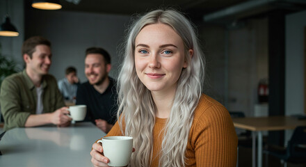 Young woman smiling and holding coffee mug in office break room