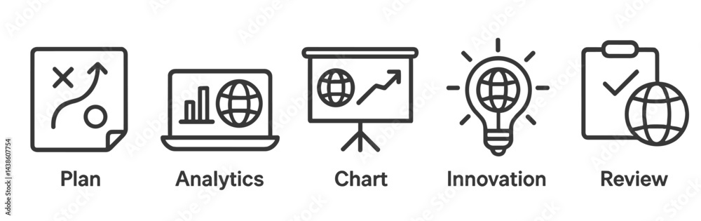 Poster visual representation of strategic planning, analytics, and innovation processes for business develo