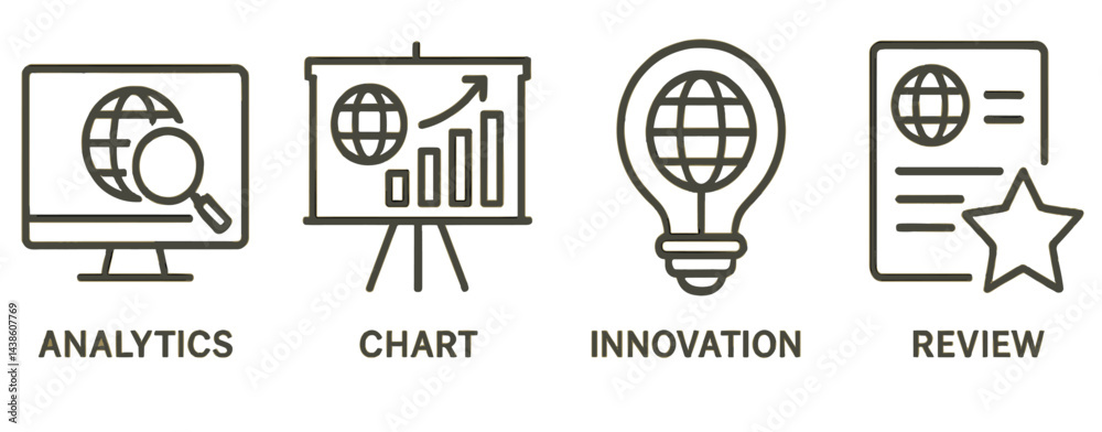 Poster visual representation of business analytics concepts including charts, innovation ideas, and review 