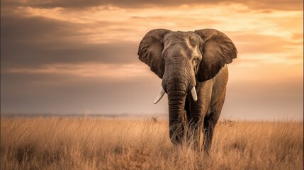 Obraz premium Elephant Grazing During Golden Sunset on African Savannah