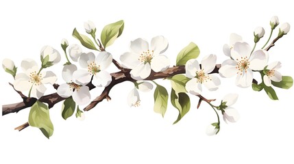 Branch with white flowers isolated on white background: Professional floral design element for graphic projects
