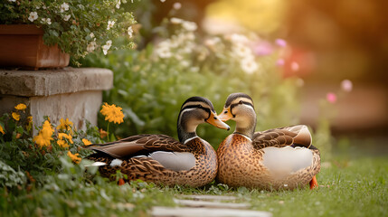 Charming Pair of Ducks Nestled Among Blooming Flowers in a Tranquil Garden with Sunlit Backdrop