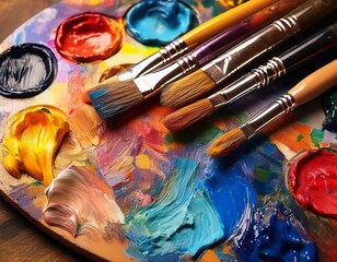 Fototapeta premium vibrant artist palette with brushes and oil paints a creative spectrum of colors for every painter