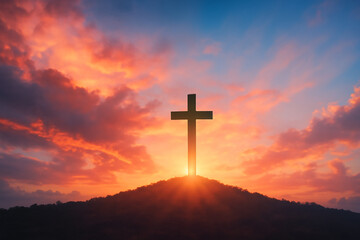 Good Friday concept: cross with sunset in the sky background