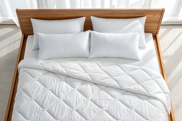 Bed with White Quilted Cover and Pillows on Oak Under Bright Window Light