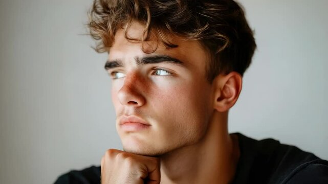 Portrait of a guy with neatly combed hair, looking slightly tired and thoughtful.