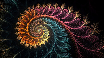 Colorful Fractal Spiral Pattern on Black Background

