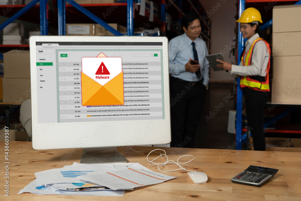 Poster cyber attacking concept. malware alert showing on computer screen display scam and threat detection 