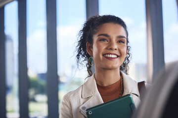 Woman, intern and smile in fashion office, business and internship for learning opportunity or...