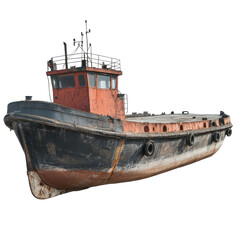 Tugboat docked by the harbor showcasing weathered paint and vintage design during the golden hour sunlight