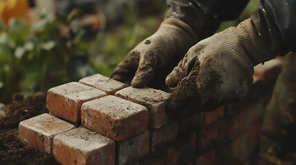 Hands in Gloves Laying Bricks in a Garden