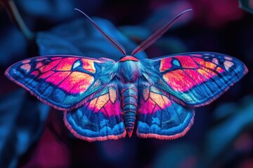 Striking macro image of a moth displaying vibrant pink, orange, and blue coloration on its wings and body.