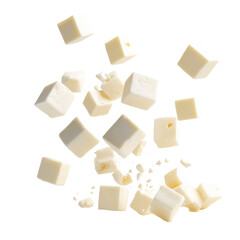 Obraz premium Feta Cheese Cubes Falling Midair Crisp isolated on a transparent background