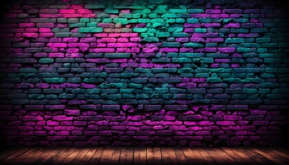 Modern futuristic neon lights on old grunge brick wall room background. 3d rendering