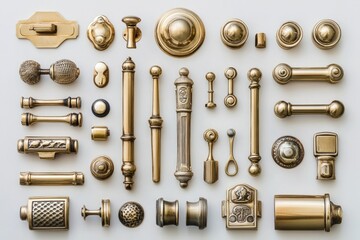Fototapeta premium A detailed flat lay of various vintage or antique brass hardware pieces including knobs, pulls, and backplates on white background.