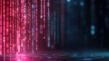 Abstract digital stream of binary code cascading down a dark surface