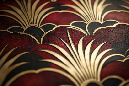 Fototapeta Close-up of a textured surface with a repeating Art Deco floral pattern in red, gold, and black.
