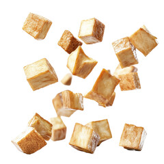 Ginger Cube Cuts Falling Midair Crisp Image  isolated on a transparent backgroun