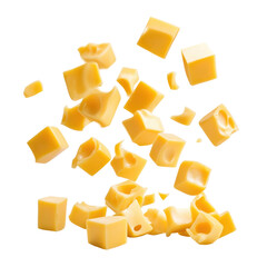 Gouda Cheese Cubes Falling Midair Crisp  isolated on a transparent background