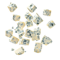 Gorgonzola Cheese Cubes Falling Midair  isolated on a transparent background