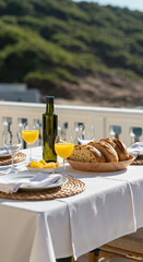 Fresh bread and orange juice set on a terrace with a lush background  