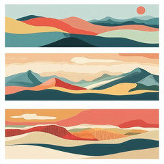 Big set of abstract mountain landscape banner collection. Trendy flat collage art style backgrounds of diverse vintage travel scenery. Nature environment, coast biome, multicolor hills, desert dunes. 