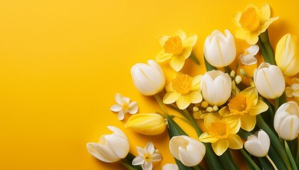 Fototapeta premium white and yellow spring flowers on yellow background