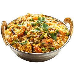 Flavorful biryani served in a traditional bowl garnished with fresh herbs