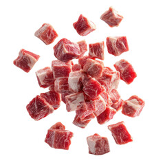 Lamb Meat Cubes Raw Falling Midair Crisp  isolated on a transparent background