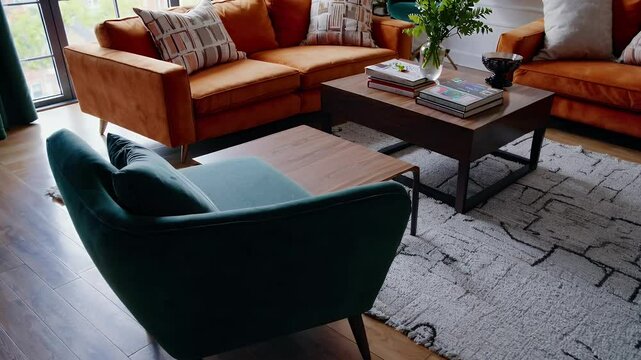 Step brightly lit living room orange sofas green armchairs warm wooden decor ideal interior design showcases real estate videos